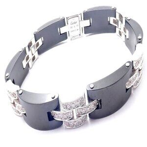 Authentic! Cartier Maillon Panthere 18K White Gold Diamond Ceramic Link Bracelet